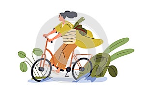 Happy girl riding bicycle in summer. Young woman cyclist with tote bag cycling bike after green shopping. Active eco