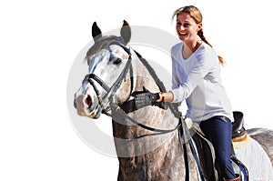 Happy girl riding horse on white background