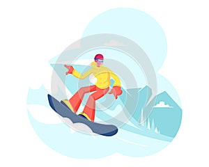 Happy Girl Riding Snowboard by Snow Slopes during Winter Time Season Holidays. Sportswoman Having Fun on Ski Resort