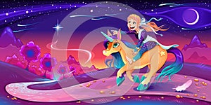 Happy girl is riding the unicorn following her star.