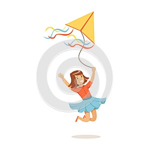 Happy girl running with her flying kite, kids outdoor activity colorful character vector Illustration