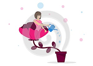 Happy girl sitting in the flowers and watering The concept of loving yourself and a healthy lifestyle Vector illustration