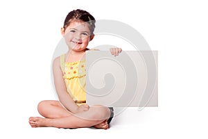 Happy girl sitting with whiteboard