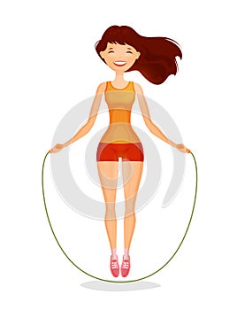 Happy girl with skipping rope. Fitness, sports concept. Cartoon vector illustration