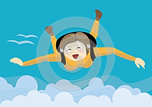 Happy girl skydiving over clouds photo