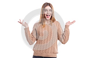 A happy girl spreads her hands on a white background