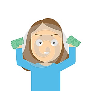 Happy girl standing holding money in two hands.