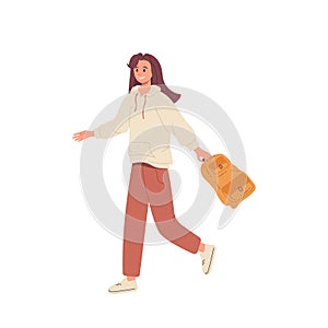 Happy girl student in casual clothes with backpack walking to study class isolated on white