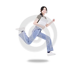 Happy girl student hold laptop jump and run wear t-shirt denim isolated white background