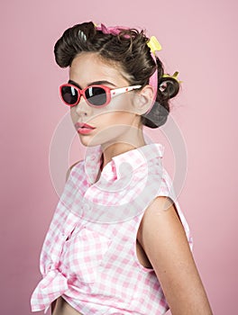 Happy girl in summer glasses. vintage housewife woman make hairstyle. beauty salon and hairdresser. retro woman with