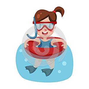 Happy girl swimming with inflatable buoy and snorkel scuba mask, kid ready to swim and dive colorful character