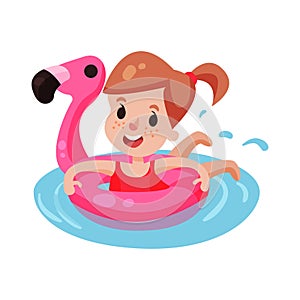 Happy girl swimming with pink inflatable lifebuoy, kid having fun in the pool or the sea colorful character Illustration