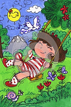 Happy girl on a swing