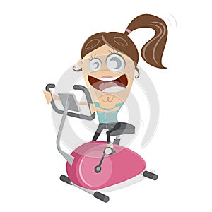 Happy girl training on indoor bike trainer