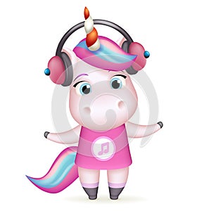 Happy girl unicorn headphones listen music isolated 3d cute cartoon design vector children Illustration