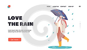 Happy Girl Walk under Umbrella at Rain Landing Page Template. Female Character in Warm Clothes and Rubber Boots