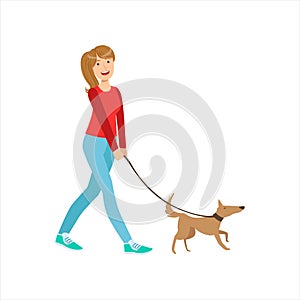 Happy Girl Walking Small Pet Dog On The Leash, Part Of Women Different Lifestyles Collection