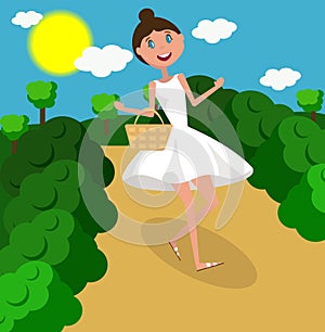 Happy girl walking on sunny day. Flat design illustration, Vector.