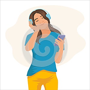 Happy a girl wearing headphones listening to music from mobile phone relaxing with eyes closed on isolated white background