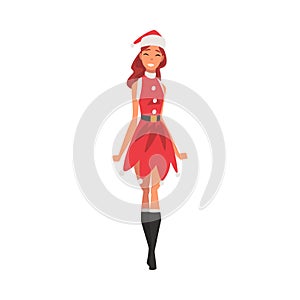 Happy Girl Wearing Red Santa Claus Dress and Hat, Young Woman in Elegant Christmas Clothes Vector Illustration