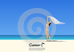 Happy girl in white bikini holding white scarf above her head on white sand beach