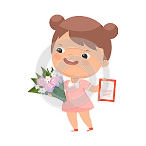 Happy Girl Winner Holding Bunch of Flowers and Certificate of Achievement Vector Illustration