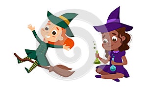Happy Girl Witch in Dress and Pointed Hat Casting Spell Practising Witchcraft and Doing Magic Vector Set