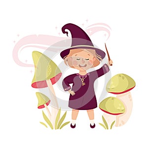 Happy Girl Witch in Purple Dress and Pointed Hat Casting Spell Practising Witchcraft and Doing Magic with Wand Vector