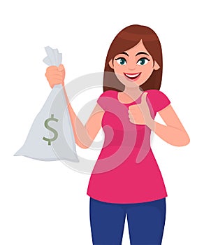 Happy girl, woman or female holding/showing cash, money, currency note bag with dollar icon and showing, making or gesturing.