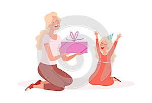 Happy girl. Woman giving gift to daughter, birthday party. Family festive, cute cartoon mother and little child vector