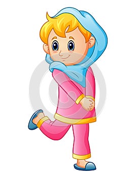 Happy girl women wearing blue veil and pink clothes isolated on white background