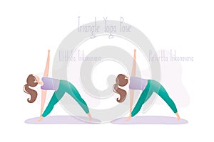 Happy girl in yoga pose,two variation of triangle pose, asana in hatha yoga