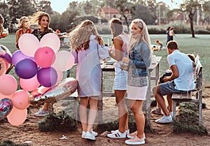 Happy girlfriends conversation together at picnic party outdoor. Scene of a celebrating a birthday at the outdoor park.