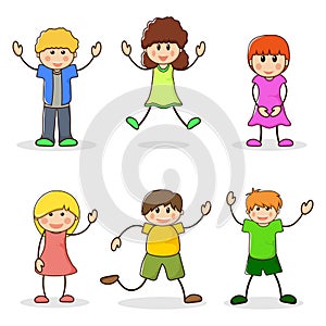 Happy girls and boys. Set of cartoon characters kids. Cute teenagers laughing. School children line style. Cute