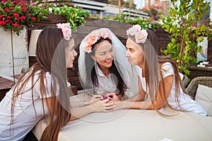 Happy girls celebrating a bachelorette party of bride