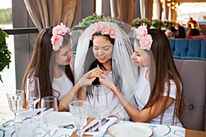 Happy girls celebrating a bachelorette party of bride