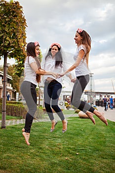 Happy girls celebrating a bachelorette party of bride