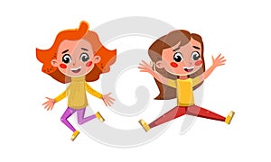 Happy girls jumping. Funny kids having fun cartoon vector illustration