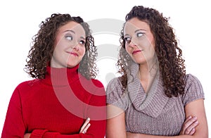 Happy girls: Portrait of real female twins wearing winter pullover.