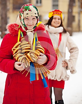 Happy girls during Shrovetide in Russia