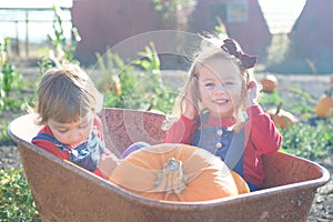 Happy girls sitting inside wheelbarrow at field pumpkin patch