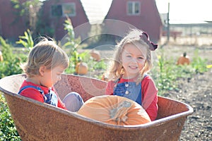 Happy girls sitting inside wheelbarrow at field pumpkin patch