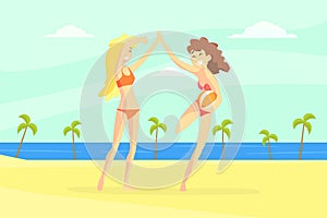 Happy Girls in Swimsuits Having Fun on Beach, Son Enjoying Summer Vacation Vector Illustration