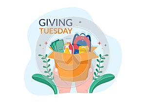 Happy Giving Tuesday Celebration with Give gifts to Encourage People to Donate in Hand Drawn Cartoon Flat Illustration