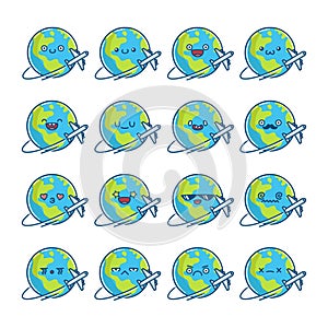 Happy globe planet earth cartoon and flying airplane icons