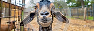 Happy goat on the farm with copy space for text banner, perfect for adding humor to your project