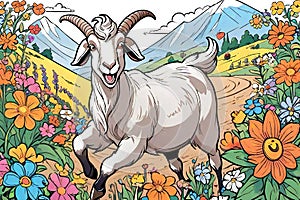 Happy goat flowers outdoor field jumping