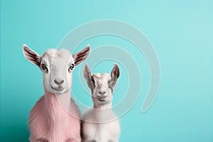 Happy goats in stylish fashion poses on solid pastel background studio shot with copy space