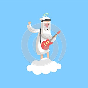 Šťastný znak stojící na načechraný bílý oblak a kytara. křesťan náboženský téma. byt vektor 