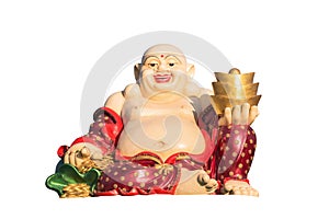 Happy golden laughing Buddha figurine isolated on a white background